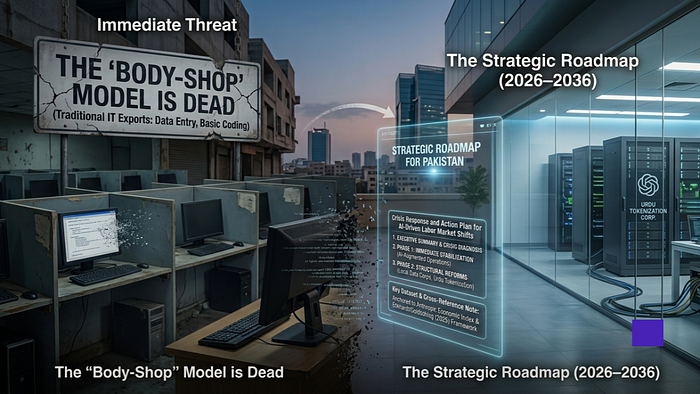 Illustration contrasting the decline of traditional IT exports with Pakistan's AI roadmap